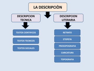 LA DESCRIPCIÒN DESCRIPCION TECNICADESCRIPCION LITERARIA TEXTOS CIENTIFICOSRETRATOETOPEYATEXTOS TECNICOSPROSOPOGRAFIATEXTOS SOCIALESCARICATURATOPOGRAFIA