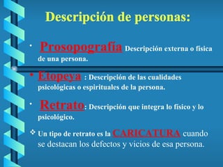 Prosopografía   Descripción externa o  física de una persona. Etopeya   : Descripción de las cualidades psicológicas o espirituales de la persona. Retrato : Descripción que integra lo físico y lo psicológico.  Un tipo de retrato es la  CARICATURA   cuando se destacan los defectos y vicios de esa persona. 