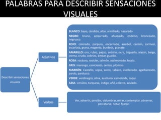 PALABRAS PARA DESCRIBIR SENSACIONES
VISUALES
Describir sensaciones
visuales
Adjetivos
BLANCO: bayo, cándido, albo, armiñado, nacarado.
NEGRO: bruno, apizarrado, ahumado, endrino, bronceado,
negruzco.
ROJO: colorado, púrpura, encarnado, arrebol, carmín, carmesí,
escarlata, grana, magenta, burdeos, granate.
AMARILLO: oro, rubio, pajizo, cetrino, ocre, trigueño, alazán, beige,
crema, crudo, cobrizo, ámbar, gualdo.
ROSA: rosáceo, rosicler, salmón, asalmonado, fucsia.
GRIS: marengo, ceniciento, cenizo, plomizo.
MARRÓN: Castaño, sepia, zaino, tabaco, avellanado, agarbanzado,
pardo, parduzco.
VERDE: verdinegro, oliva, aceituno, esmeralda, caqui.
AZUL: cerúleo, turquesa, índigo, añil, celeste, azulado.
Verbos
Ver, advertir, percibir, vislumbrar, mirar, contemplar, observar,
percatarse, notar, fijarse.
 
