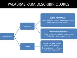 PALABRAS PARA DESCRIBIR OLORES
Describir olores
Adjetivos
OLORES AGRADABLES:
aroma, fragancia, esencia, embriagador, suave,
refrescante, excitante, fragante.
OLORES DESAGRADABLES:
fétido, pestilente, apestoso, nauseabundo,
hediondo, mareante, penetrante.
Verbos
Oler, percibir, notar, respirar,
aspirar, sentir, advertir.
Emanar, despedir, perfumar,
aromatizar, desprender.
 