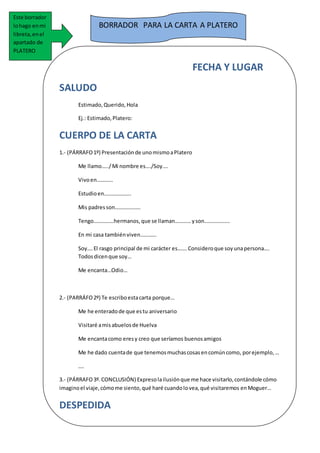 BORRADOR PARA LA CARTA A PLATERO 
FECHA Y LUGAR 
SALUDO 
Estimado, Querido, Hola 
Ej.: Estimado, Platero: 
CUERPO DE LA CARTA 
1.- (PÁRRAFO 1º) Presentación de uno mismo a Platero 
Me llamo…../ Mi nombre es…./Soy…. 
Vivo en………… 
Estudio en……………….. 
Mis padres son………………. 
Tengo……………hermanos, que se llaman………… y son………………. 
En mi casa también viven………… 
Soy…. El rasgo principal de mi carácter es……. Considero que soy una persona…. 
Todos dicen que soy… 
Me encanta…Odio… 
2.- (PARRÁFO 2º) Te escribo esta carta porque… 
Me he enterado de que es tu aniversario 
Visitaré a mis abuelos de Huelva 
Me encanta como eres y creo que seríamos buenos amigos 
Me he dado cuenta de que tenemos muchas cosas en común como, por ejemplo, … 
…. 
3.- (PÁRRAFO 3º. CONCLUSIÓN) Expreso la ilusión que me hace visitarlo, contándole cómo 
imagino el viaje, cómo me siento, qué haré cuando lo vea, qué visitaremos en Moguer… 
DESPEDIDA 
Este borrador 
lo hago en mi 
libreta, en el 
apartado de 
PLATERO 
