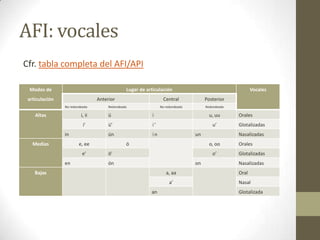 AFI: vocales
Cfr. tabla completa del AFI/API
Modos de

Lugar de articulación

articulación

Anterior
No redondeada

Vocales

Central
No redondeada

Redondeada

Posterior
Redondeada

i, ii

ü

ɨ

u, uu

i’

Altas

ü’

ɨ’

u’

ün

ɨn

in
Medias

e, ee
e’
en

un

ö

o’

ön

on

Bajas

Glotalizadas
Nasalizadas

o, oo

ö’

Orales

Orales
Glotalizadas
Nasalizadas

a, aa
a’

an

Oral
Nasal

Glotalizada

 