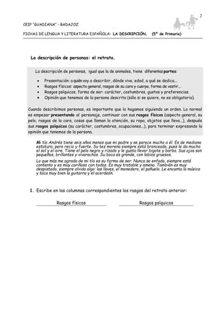 CEIP “GUADIANA” - BADAJOZ
FICHAS DE LENGUA Y LITERATURA ESPAÑOLA: LA DESCRIPCIÓN, (5º de Primaria)
2
La descripción de personas: el retrato.
La descripción de personas, igual que la de animales, tiene diferentes partes:
• Presentación: a quién voy a describir, dónde vive, edad, a qué se dedica...
• Rasgos físicos: aspecto general, rasgos de su cara y cuerpo, forma de vestir...
• Rasgos psíquicos, forma de ser: carácter, costumbres, gustos y preferencias.
• Opinión que tenemos de la persona descrita (sólo si se quiere, no es obligatorio).
Cuando describimos personas, es importante que lo hagamos siguiendo un orden. Lo normal
es empezar presentando al personaje, continuar con sus rasgos físicos (aspecto general, su
pelo, rasgos de la cara, cosas que llaman la atención, su ropa, objetos que lleva...), después
sus rasgos psíquicos (su carácter, costumbres, ocupaciones...), para terminar expresando la
opinión que tenemos de la persona.
Mi tío Andrés tiene seis años menos que mi padre y se parece mucho a él. Es de mediana
estatura, pero recio y fuerte. Su tez morena siempre está bronceada, pues le da mucho
el sol y el aire. Tiene el pelo negro y rizado y le gusta llevar bigote y barba. Sus ojos son
pequeños, brillantes y vivarachos. Su boca es grande, con labios gruesos.
Lo que más me agrada de mi tío es su forma de ser. Nunca se enfada, siempre está
contento y es muy cariñoso con todos. Es muy tratable y ameno. También es muy
despistado, siempre olvida algo: las llaves, el monedero, el pañuelo. Le encanta la música
y toca muy bien la guitarra y el acordeón.
1. Escribe en las columnas correspondientes los rasgos del retrato anterior:
Rasgos físicos Rasgos psíquicos
 