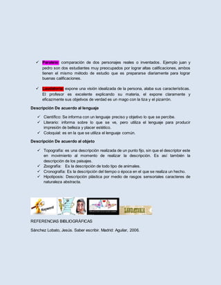  Paralelo: comparación de dos personajes reales o inventados. Ejemplo juan y 
pedro son dos estudiantes muy preocupados por lograr altas calificaciones, ambos 
tienen el mismo método de estudio que es prepararse diariamente para lograr 
buenas calificaciones. 
 Laudatoria: expone una visión idealizada de la persona, alaba sus características. 
El profesor es excelente explicando su materia, el expone claramente y 
eficazmente sus objetivos de verdad es un mago con la tiza y el pizarrón. 
Descripción De acuerdo al lenguaje 
 Científico: Se informa con un lenguaje preciso y objetivo lo que se percibe. 
 Literario: informa sobre lo que se ve, pero utiliza el lenguaje para producir 
impresión de belleza y placer estético. 
 Coloquial: es en la que se utiliza el lenguaje común. 
Descripción De acuerdo al objeto 
 Topografía: es una descripción realizada de un punto fijo, sin que el descriptor este 
en movimiento al momento de realizar la descripción. Es así también la 
descripción de los paisajes. 
 Zoografía: Es la descripción de todo tipo de animales. 
 Cronografía: Es la descripción del tiempo o época en el que se realiza un hecho. 
 Hipotiposis: Descripción plástica por medio de rasgos sensoriales caracteres de 
naturaleza abstracta. 
REFERENCIAS BIBLIOGRÁFICAS 
Sánchez Lobato, Jesús. Saber escribir. Madrid: Aguilar, 2006. 
