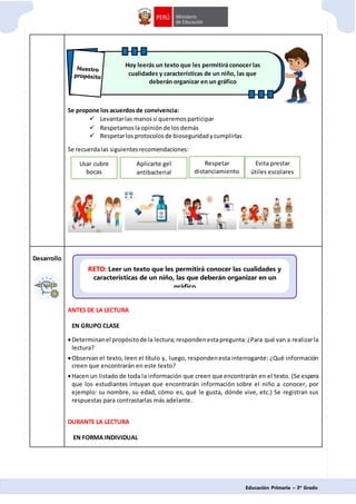 Educación Primaria – 3º Grado
Se propone los acuerdosde convivencia:
 Levantarlas manossi queremosparticipar
 Respetamoslaopiniónde losdemás
 Respetarlosprotocolosde bioseguridadycumplirlas
Se recuerdalas siguientesrecomendaciones:
Desarrollo
ANTES DE LA LECTURA
EN GRUPO CLASE
Determinanel propósitode la lectura;respondenestapregunta:¿Para qué van a realizarla
lectura?
Observan el texto, leen el título y, luego, respondenesta interrogante: ¿Qué información
creen que encontrarán en este texto?
Hacen un listado de toda la información que creen que encontrarán en el texto. (Se espera
que los estudiantes intuyan que encontrarán información sobre el niño a conocer, por
ejemplo: su nombre, su edad, cómo es, qué le gusta, dónde vive, etc.) Se registran sus
respuestas para contrastarlas más adelante.
DURANTE LA LECTURA
EN FORMA INDIVIDUAL
G
Hoy leerás un texto que les permitirá conocer las
cualidades y características de un niño, las que
deberán organizar en un gráfico
RETO: Leer un texto que les permitirá conocer las cualidades y
características de un niño, las que deberán organizar en un
gráfico
Usar cubre
bocas
Aplicarte gel
antibacterial
Respetar
distanciamiento
Evita prestar
útiles escolares
 