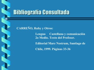 Bibliografía Consultada CARREÑO, Ruby y Otros: Lengua  Castellana y comunicación  2o Medio. Texto del Profesor. Editorial Mare Nostrum, Santiago de Chile, 1999. Páginas 33-36 