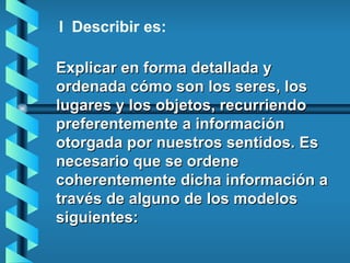 Explicar en forma detallada y ordenada cómo son los seres, los lugares y los objetos, recurriendo preferentemente a información otorgada por nuestros sentidos. Es necesario que se ordene coherentemente dicha información a través de alguno de los modelos siguientes: I  Describir es: 