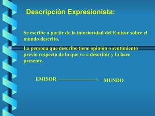 Descripción Expresionista: Se escribe a partir de la interioridad del Emisor sobre el mundo descrito.  La persona que describe tiene opinión o sentimiento previo respecto de lo que va a describir y lo hace presente. EMISOR MUNDO 
