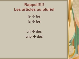 Rappel!!!!!
Les articles au pluriel
le  les
la  les
un  des
une  des
 