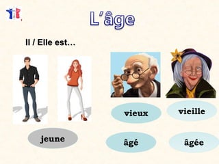 jeune
Il / Elle est…Il / Elle est…
vieille
âgéeâgé
vieux