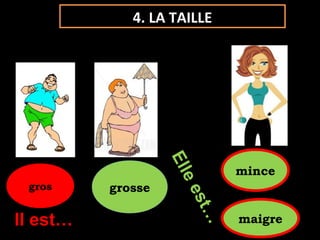 4. LA TAILLE




                   Ell      mince
                            mince
 gros
                       e
 gros     grosse
          grosse     es
                       t…
Il est…                     maigre
                            maigre
 