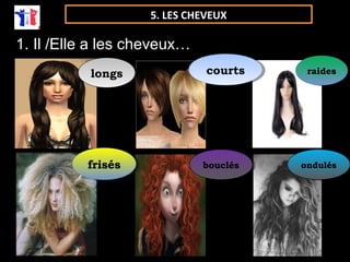 5. LES CHEVEUX 
1. Il /Elle a les cheveux… 
lloonnggss ccoouurrttss rraaiiddeess 
ffrriissééss bboouuccllééss oonndduullééss 
 