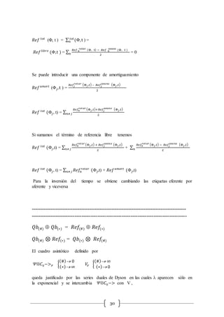 30
𝑅𝑒𝑓 𝑡𝑜𝑡
(Φ, t ) = ∑ (Φ,t𝑡𝑜𝑡
n ) =
𝑅𝑒𝑓 𝑙𝑖𝑏𝑟𝑒
(Φ,t ) = ∑
𝑅𝑒𝑓 𝑛
𝑟𝑒𝑡𝑎𝑟 (Φ, t) − 𝑅𝑒𝑓 𝑛
𝑎𝑣𝑎𝑛𝑧
(Φ, t )
2n = 0
Se puede introducir una componente de amortiguamiento
𝑅𝑒𝑓 𝑎𝑚𝑜𝑟𝑡
(Φ𝑗,t ) =
𝑅𝑒𝑓𝑗
𝑟𝑒𝑡𝑎𝑟 (Φ 𝑗 ,𝑡) – 𝑅𝑒𝑓𝑗
𝑎𝑣𝑎 𝑛𝑧 (Φ 𝑗 ,𝑡)
2
𝑅𝑒𝑓 𝑡𝑜𝑡
(Φ𝑗, t) = ∑
𝑅𝑒𝑓𝑛
𝑟𝑒𝑡𝑎𝑟 (Φ 𝑗 ,𝑡)+𝑅𝑒𝑓𝑗
𝑎𝑣𝑎𝑛𝑧 (Φ 𝑗 ,𝑡)
2𝑛≠𝑗
Si sumamos el término de referencia libre tenemos
𝑅𝑒𝑓 𝑡𝑜𝑡
(Φ𝑗,t) = ∑
𝑅𝑒𝑓𝑛
𝑟𝑒𝑡𝑎𝑟 (Φ 𝑗 ,𝑡) + 𝑅𝑒𝑓𝑗
𝑎𝑣𝑎𝑛𝑧 (Φ 𝑗 ,𝑡)
2𝑛≠𝑗 + ∑
𝑅𝑒𝑓𝑛
𝑟𝑒𝑡𝑎𝑟 (Φ 𝑗 ,𝑡) − 𝑅𝑒𝑓𝑗
𝑎𝑣𝑎 𝑛𝑧 (Φ 𝑗 ,𝑡)
2𝑛
𝑅𝑒𝑓 𝑡𝑜𝑡
(Φ𝑗, t) = ∑ 𝑅𝑒𝑓𝑛
𝑟𝑒𝑡𝑎𝑟
𝑛≠𝑗 (Φ𝑗,t) + 𝑅𝑒𝑓 𝑎𝑚𝑜𝑟𝑡
(Φ𝑗,t)
Para la inversión del tiempo se obtiene cambiando las etiquetas eferente por
aferente y viceversa
-------------------------------------------------------------------------------------------
-----------------------------------------------------------------------------------------
𝑄𝑏(#)  𝑄𝑏(∗) = 𝑅𝑒𝑓(#)  𝑅𝑒𝑓(∗)
𝑄𝑏(#) ⊗ 𝑅𝑒𝑓(∗) = 𝑄𝑏(∗) ⊗ 𝑅𝑒𝑓(#)
El cuadro asintótico definido por
𝛹Ä𝐶0−> 𝐹 {
(#) 0
(∗) ∞
𝑉𝐹 {
(#) ∞
(∗) 0
queda justificado por las series duales de Dyson en las cuales l aparecen sólo en
la exponencial y se intercambia 𝛹Ä𝐶0−> con V ,
 