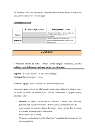 Per concloure el ball cada persona farà una volta sobre si mateixa abans d’acabar en peu
junts, amb la cinta a l’aire i mirant al pal.


Continguts treballats:


                Explorar i percebre                    Interpretar i crear
                                                - Interpretar una dansa i desenvolupar una
 Dansa                                          coordinació tant individual com
                                                col·lectiva.
                                                - Interès per conèixer i valorar les
Actituds                                        manifestacions artístiques i culturals del
                                                nostre entorn.




                                       4a SESSIÓ



5. Practicar dictats de notes i ritmes, cantar cançons valencianes, escoltar
audicions entre d’altres coses amb una pàgina web valenciana.


Objectiu: Fer us dels recursos TIC i els seus avantatges
Contingut: Reconèixer notes i ritmes.


Material: La pàgina web de referència és: http://ensolmajor.com/ .

En sol major és un projecte per tal d’aprendre música tant a l’educació primària com a
les escoles de música de manera lúdica, creativa i innovadora. La pàgina web de
referència conté:

    -   Quaderns de música estructurats per trimestres i cursos amb: audicions,
        partitures amb cançons valencianes i d’arreu, danses, instrumentacions, etc..
    -   Jocs musicals per practicar dictats de notes i ritmes a través d’un programa
        d’ordinador, molt engrescador i interessant.
    -   Guia didàctica per al mestre
    -   Objectius, continguts i criteris d’avaluació de l’especialitat de música per als tres
        cicles de primària.
 