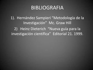 BIBLIOGRAFIA
1). Hernández Sampieri “Metodología de la
        Investigación” Mc. Graw Hill
  2) Heinz Dieterich “Nueva guía para la
investigación científica” Editorial 21. 1999.
 