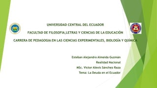 UNIVERSIDAD CENTRAL DEL ECUADOR
FACULTAD DE FILOSOFIA,LETRAS Y CIENCIAS DE LA EDUCACIÓN
CARRERA DE PEDAGOGIA EN LAS CIENCIAS EXPERIMENTALES, BIOLOGÍA Y QUÍMICA
Esteban Alejandro Almeida Guzmán
Realidad Nacional
MSc. Víctor Alexis Sánchez Raza
Tema: La Deuda en el Ecuador
 