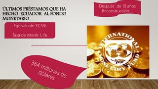 ÚLTIMOS PRÉSTAMOS QUE HA
HECHO ECUADOR AL FONDO
MONETARIO
Después de 10 años
Reconstrucción….
Equivalente 37,5%
Tasa de interés 1,1%
 