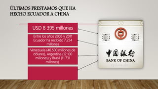 ÚLTIMOS PRESTAMOS QUE HA
HECHO ECUADOR A CHINA
USD 8 395 millones
Entre los años 2005 y 2011
Ecuador ha recibido 7.254
millones
Venezuela (46.500 millones de
dólares), Argentina (12.100
millones) y Brasil (11.731
millones).
 