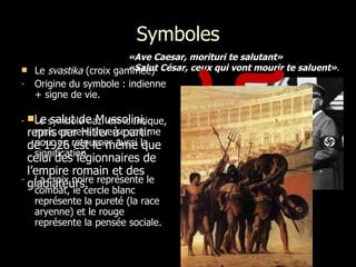 Symboles Le  svastika  (croix gammée)  Origine du symbole : indienne + signe de vie.  Le symbole nazi est identique, mais en sens inverse comme pour en retourner aussi la signification. La croix noire représente le combat, le cercle blanc représente la pureté (la race aryenne) et le rouge représente la pensée sociale. Le salut de Mussolini, repris par Hitler à partir de 1926 est le même que celui des légionnaires de l’empire romain et des gladiateurs. «Ave Caesar, morituri te salutant»   «Salut César, ceux qui vont mourir te saluent» .  