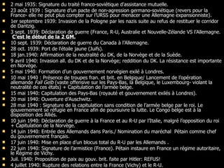 2 mai 1935: Signature du traité franco-soviétique d'assistance mutuelle. 23 août 1939 : Signature d’un pacte de non-agression germano-soviétique ( revers pour la France- elle ne peut plus compter sur l’URSS pour menacer une Allemagne expansionniste). 1er septembre 1939: Invasion de la Pologne par les nazis suite au refus de restituer le  corridor de Dantzig .  3 sept. 1939: Déclaration de guerre (France, R-U,  Australie et Nouvelle-Zélande  VS l’Allemagne.  C’est le début de la 2 GM. 10 sept. 1939: Déclaration de guerre du Canada à l’Allemagne.   28 oct. 1939: Port de l'étoile jaune (Juifs).  18 jan.1940: Affirmation de la neutralité du  DK, de la Norvège et de la Suède. 9 avril 1940: Invasion all. du  DK et de la Norvège; reddition du DK. La résistance est importante en Norvège. 5 mai 1940: Formation d’un gouvernement norvégien exilé à Londres.  10 mai 1940 : Présence de troupes fran. et brit. en Belgique/ Lancement de l’opération allemande  Fall Gelb  (vaste offensive sur les Pays-Bas, la Belgique, le Luxembourg- violant la neutralité de ces états) +  Capitulation de l’armée belge. 15 mai 1940: Capitulation des Pays-Bas (royauté et gouvernement exilés à Londres). 20 mai 1940: Ouverture d’Auschwitz. 28 mai 1940 : Signature de la capitulation sans condition de l’armée belge par le roi. Le gouvernement se réfugie en France afin de poursuivre la lutte. Le Congo belge est à la disposition des Alliés. 10 juin 1940: Déclaration de guerre à la France et au R-U par l’Italie, malgré l’opposition du roi +  Capitulation de la Norvège.  14 juin 1940: Entrée des Allemands dans Paris./  Nomination du  maréchal  Pétain comme chef du gouvernement français. 17 juin 1940: Mise en place d’un blocus total du R-U par les Allemands .  22 juin 1940: Signature de l’armistice (France). Pétain instaure en France un régime autoritaire, le Régime de Vichy. Juil. 1940:  Proposition de paix au gouv. brit. faite par Hitler: REFUS!  4 juillet 1940: Rupture des relations entre la France (Vichy) et le R-U. 