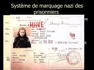 Système de marquage nazi des prisonniers  Les nazis développent un système de symboles afin de différencier les individus selon la raison de leur incarcération. Par cet étiquetage, ils subissent un traitement différent. 
