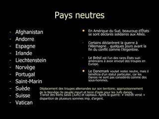 Pays neutres Afghanistan  Andorre Espagne Irlande Liechtenstein Norvège Portugal Saint-Marin  Suède Suisse Vatican En Amérique du Sud, beaucoup d’États se sont déclarés solidaires aux Alliés.  Certains déclarèrent la guerre à l’Allemagne… quelques jours avant la fin du conflit comme l’Argentine.  Le Brésil  est l'un des rares États sud-américains à avoir envoyé des troupes en Europe.   Le Danemark  voulait rester neutre, mais il bénéficia d’un statut particulier, car les Danois ne sont pas considérés comme des sous-hommes. Transit des  biens saisis (Juifs) et capitaux. Après la guerre:  ≠  intérêt versé + disparition de plusieurs sommes imp. d’argent. D éplacement des troupes allemandes sur son territoire; apprivoisonnement de la Norvège (le peuple meurt et terre d’asile pour les Juifs danois. 