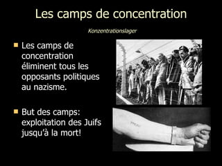 Les camps de concentration   Konzentrationslager   Les camps de concentration éliminent tous les opposants politiques au nazisme.  But des camps: exploitation des Juifs jusqu’à la mort! 
