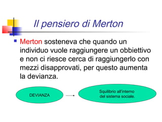 Il pensiero di Merton
   Merton sosteneva che quando un
    individuo vuole raggiungere un obbiettivo
    e non ci riesce cerca di raggiungerlo con
    mezzi disapprovati, per questo aumenta
    la devianza.
                            Squilibrio all’interno
       DEVIANZA             del sistema sociale.
 