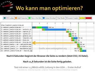 Wo kann man optimieren?Quelle: www.webpagetest.orgNach 6 Sekunden beginnt der Browser die Seite zu rendern (letzt CSS / JS Datei).Nach 11,8 Sekunden ist die Seite fertig geladen.Test mit einer 1.5 Mbit/s aDSL Leitung in den USA … Erster Aufruf