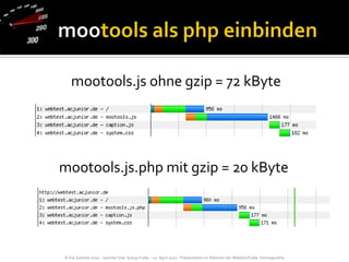 mootools.jsohne gzip = 72 kBytemootools.js.php mit gzip = 20 kBytemootools als php einbinden
