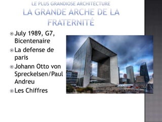 le plus grandiose architectureLa Grande Arche de la fraternitéJuly 1989, G7, BicentenaireLa defense de parisJohann Otto von Spreckelsen/Paul AndreuLes Chiffres