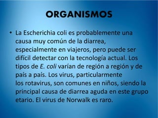 ORGANISMOS 
• La Escherichia coli es probablemente una 
causa muy común de la diarrea, 
especialmente en viajeros, pero puede ser 
difícil detectar con la tecnología actual. Los 
tipos de E. coli varían de región a región y de 
país a país. Los virus, particularmente 
los rotavirus, son comunes en niños, siendo la 
principal causa de diarrea aguda en este grupo 
etario. El virus de Norwalk es raro. 
 