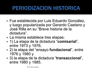 PERIODIZACION HISTORICA <br />Fue establecida por Luis Eduardo González, y luego popularizada por Gerardo Caetano y José R...