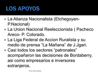 LOS APOYOS	<br />La Alianza Nacionalista (Etchegoyen- P.Nacional)<br />La Union Nacional Reeleccionista ( Pacheco Areco- P...