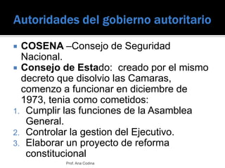 Autoridades del gobierno autoritario<br />COSENA –Consejo de Seguridad Nacional.<br />Consejo de Estado:  creado por el mi...