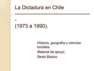 La Dictadura en Chile 
-------------------------------------------- 
- 
(1973 a 1990). 
Historia, geografía y ciencias 
sociales. 
Material de apoyo. 
Sexto Básico. 
 