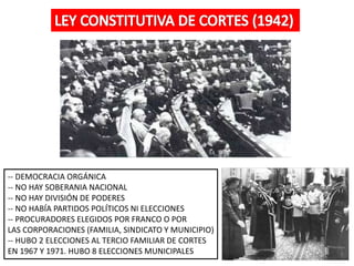 -- DEMOCRACIA ORGÁNICA
-- NO HAY SOBERANIA NACIONAL
-- NO HAY DIVISIÓN DE PODERES
-- NO HABÍA PARTIDOS POLÍTICOS NI ELECCIONES
-- PROCURADORES ELEGIDOS POR FRANCO O POR
LAS CORPORACIONES (FAMILIA, SINDICATO Y MUNICIPIO)
-- HUBO 2 ELECCIONES AL TERCIO FAMILIAR DE CORTES
EN 1967 Y 1971. HUBO 8 ELECCIONES MUNICIPALES
 