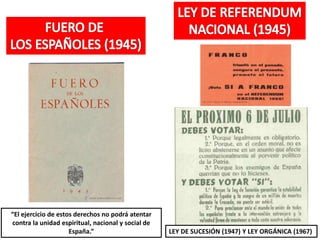 “El ejercicio de estos derechos no podrá atentar
contra la unidad espiritual, nacional y social de
España.” LEY DE SUCESIÓN (1947) Y LEY ORGÁNICA (1967)
 