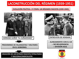 EVOLUCIÓN POLÍTICA. 1ª ETAPA: UN RÉGIMEN FASCISTA (1939-1945)
SERRANO SUÑER “EL CUÑADÍSIMO”
PREDOMINIO DE FALANGISTAS Y MILITARES
EN EL GOBIERNO.
ENTREVISTA DE HENDAYA
CREACIÓN DE UN ESTADO FASCISTA,TOTALITARIO
Y NACIONALSINDICALISTA
-- ALINEAMIENTO CON EL EJE
-- NO BELIGERANCIA
-- DIVISIÓN AZUL
 