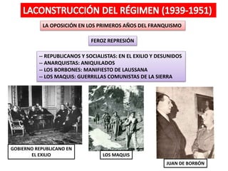 LA OPOSICIÓN EN LOS PRIMEROS AÑOS DEL FRANQUISMO
FEROZ REPRESIÓN
-- REPUBLICANOS Y SOCIALISTAS: EN EL EXILIO Y DESUNIDOS
-- ANARQUISTAS: ANIQUILADOS
-- LOS BORBONES: MANIFIESTO DE LAUSSANA
-- LOS MAQUIS: GUERRILLAS COMUNISTAS DE LA SIERRA
GOBIERNO REPUBLICANO EN
EL EXILIO
JUAN DE BORBÓN
LOS MAQUIS
 