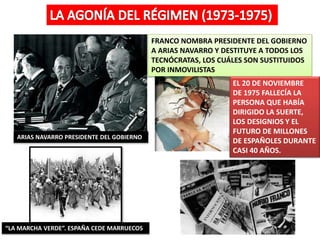 ARIAS NAVARRO PRESIDENTE DEL GOBIERNO
FRANCO NOMBRA PRESIDENTE DEL GOBIERNO
A ARIAS NAVARRO Y DESTITUYE A TODOS LOS
TECNÓCRATAS, LOS CUÁLES SON SUSTITUIDOS
POR INMOVILISTAS
“LA MARCHA VERDE”. ESPAÑA CEDE MARRUECOS
EL 20 DE NOVIEMBRE
DE 1975 FALLECÍA LA
PERSONA QUE HABÍA
DIRIGIDO LA SUERTE,
LOS DESIGNIOS Y EL
FUTURO DE MILLONES
DE ESPAÑOLES DURANTE
CASI 40 AÑOS.
 