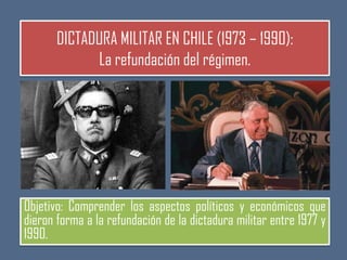DICTADURA MILITAR EN CHILE (1973 – 1990):
La refundación del régimen.

Objetivo: Comprender los aspectos políticos y económicos que
dieron forma a la refundación de la dictadura militar entre 1977 y
1990.

 