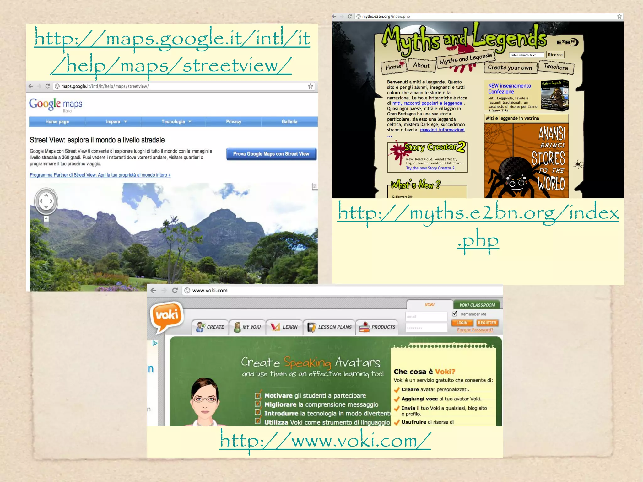http://maps.google.it/intl/it
  /help/maps/streetview/




                                http://myths.e2bn.org/index
                                           .php




                   http://www.voki.com/
 