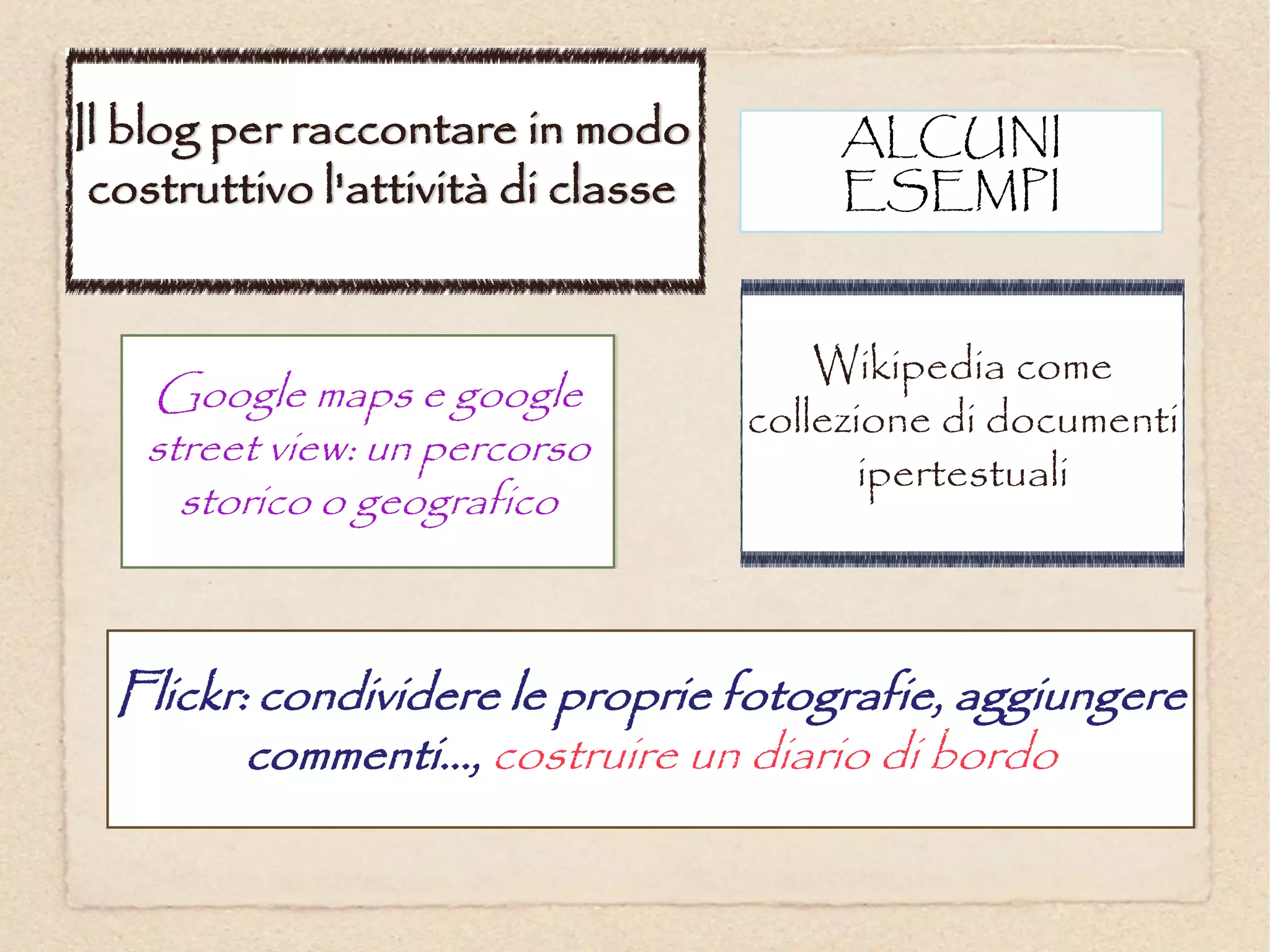 Il blog per raccontare in modo           ALCUNI
 costruttivo l'attività di classe        ESEMPI


                                        Wikipedia come
   Google maps e google
                                    collezione di documenti
   street view: un percorso
                                           ipertestuali
     storico o geografico



  Flickr: condividere le proprie fotografie, aggiungere
         commenti..., costruire un diario di bordo
 