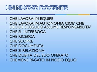  CHE LAVORA IN EQUIPE
 CHE LAVORA IN AUTONOMIA CIOE’ CHE
DECIDE SCEGLIE SI ASSUME RESPONSABILITA’
 CHE SI INTERROGA
 CHE RICERCA
 CHE SCOPRE
 CHE DOCUMENTA
 CHE SI RELAZIONA
 CHE DUBITA DEL SUO OPERATO
 CHEVIENE PAGATO IN MODO EQUO
 