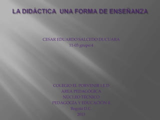 CESAR EDUARDO SALCEDO DUCUARA
11-03 grupo:4

COLEGIO EL PORVENIR I.E.D
ÁREA PEDAGÓGICA
NÚCLEO TÉCNICO
PEDAGOGÍA Y EDUCACIÓN ll
Bogotá D.C.
2013

 