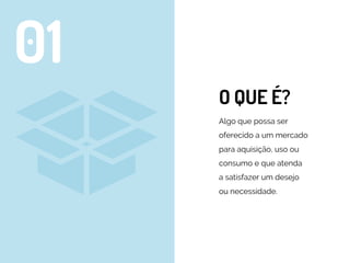 O QUE É?
Algo que possa ser
oferecido a um mercado
para aquisição, uso ou
consumo e que atenda
a satisfazer um desejo
ou necessidade.
01
 