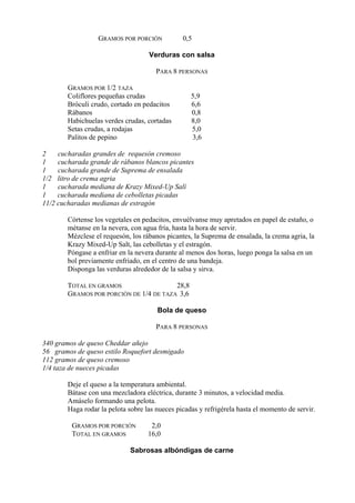 GRAMOS POR PORCIÓN            0,5

                                    Verduras con salsa

                                       PARA 8 PERSONAS

        GRAMOS POR 1/2 TAZA
        Coliflores pequeñas crudas                 5,9
        Bróculi crudo, cortado en pedacitos        6,6
        Rábanos                                    0,8
        Habichuelas verdes crudas, cortadas        8,0
        Setas crudas, a rodajas                    5,0
        Palitos de pepino                          3,6

2    cucharadas grandes de requesón cremoso
1    cucharada grande de rábanos blancos picantes
1    cucharada grande de Suprema de ensalada
1/2 litro de crema agria
1    cucharada mediana de Krazy Mixed-Up Salí
1    cucharada mediana de cebolletas picadas
11/2 cucharadas medianas de estragón

        Córtense los vegetales en pedacitos, envuélvanse muy apretados en papel de estaño, o
        métanse en la nevera, con agua fría, hasta la hora de servir.
        Mézclese el requesón, los rábanos picantes, la Suprema de ensalada, la crema agria, la
        Krazy Mixed-Up Salt, las cebolletas y el estragón.
        Póngase a enfriar en la nevera durante al menos dos horas, luego ponga la salsa en un
        bol previamente enfriado, en el centro de una bandeja.
        Disponga las verduras alrededor de la salsa y sirva.

        TOTAL EN GRAMOS                  28,8
        GRAMOS POR PORCIÓN DE 1/4 DE TAZA 3,6

                                       Bola de queso

                                       PARA 8 PERSONAS

340 gramos de queso Cheddar añejo
56 gramos de queso estilo Roquefort desmigado
112 gramos de queso cremoso
1/4 taza de nueces picadas

        Deje el queso a la temperatura ambiental.
        Bátase con una mezcladora eléctrica, durante 3 minutos, a velocidad media.
        Amáselo formando una pelota.
        Haga rodar la pelota sobre las nueces picadas y refrigérela hasta el momento de servir.

         GRAMOS POR PORCIÓN          2,0
         TOTAL EN GRAMOS            16,0

                             Sabrosas albóndigas de carne
 