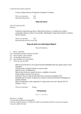 1 yema de huevo (para espesar)

         Cocine a fuego lento (no lo haga hervir) durante 3 minutos.

         TOTAL EN GRAMOS            8,4
         GRAMOS POR RACIÓN          0,8

                                       Sopa de huevo

1 litro de sopa de pollo
4 huevos

         Caliente la sopa hasta que hierva. Bata bien los huevos y viértalos en el caldo a
         cucharadas. Remueva bien con un tenedor. Manténgalo a fuego lento durante 3 minutos.
         Sírvalo caliente.

         TOTAL EN GRAMOS        8,4
         GRAMOS POR RACIÓN (TAZA) 0,8

                           Sopa de pollo con albóndigas Matzoh

                                       PARA 8 PERSONAS

1    huevo, separado
11/2 cucharadas grandes de grasa de pollo
1/4 taza de agua o sopa caliente
1/4 cucharada mediana de sal
3/4 taza de Baken-eís machacados
2     litros de sopa de pollo

         Bata la yema del huevo con la grasa de pollo ablandada hasta que quede espesa y bien
         mezclada.
         Viértala sobre el líquido caliente y remueva bien.
         Mezcle la sal y los Bakent-ets.
         Bata la clara de huevo a punto de nieve, y añádala a la mezcla.
         Enfríe durante una hora en la nevera.
         Caliente 2 litros de sopa de pollo hasta hervir (receta de la página 254).
         Humedézcase las manos en agua fría y amase la mezcla hasta formar albóndigas de
         tamaño mediano.
         Baje la temperatura, cubra, haga hervir a fuego lento muy suave durante 20 ó 25
         minutos, y sirva.

         TOTAL EN GRAMOS          Trazas

                                           Vichyssoise

                                       PARA 8   PERSONAS

4 puerros, a rodajas
2 cucharadas grandes de mantequilla
1 taza de caldo de pollo (o 3 cubitos de caldo concentrado de pollo en una taza de agua)
1 taza de coliflor hervida
 