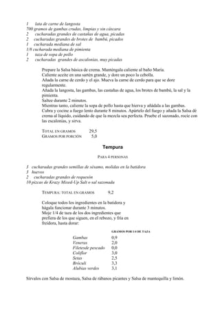 1 lata de carne de langosta
700 gramos de gambas crudas, limpias y sin cáscara
2    cucharadas grandes de castañas de agua, picadas
2 cucharadas grandes de brotes de bambú, picados
1 cucharada mediana de sal
1/8 cucharada mediana de pimienta
1 taza de sopa de pollo
2    cucharadas grandes de ascalonias, muy picadas

        Prepare la Salsa básica de crema. Manténgala caliente al baño María.
        Caliente aceite en una sartén grande, y dore un poco la cebolla.
        Añada la carne de cerdo y el ajo. Mueva la carne de cerdo para que se dore
        regularmente.
        Añada la langosta, las gambas, las castañas de agua, los brotes de bambú, la sal y la
        pimienta.
        Saltee durante 2 minutos.
        Mientras tanto, caliente la sopa de pollo hasta que hierva y añádala a las gambas.
        Cubra y cocine a fuego lento durante 8 minutos. Apártelo del fuego y añada la Salsa dé
        crema al líquido, cuidando de que la mezcla sea perfecta. Pruebe el sazonado, rocíe con
        las escalonias, y sirva.

        TOTAL EN GRAMOS            29,5
        GRAMOS POR PORCIÓN          5,0

                                            Tempura
                                          PARA 4 PERSONAS

3 cucharadas grandes semillas de sésamo, molidas en la batidora
3 huevos
2 cucharadas grandes de requesón
10 pizcas de Krazy Mixed-Up Salt o sal sazonada

        TEMPURA: TOTAL EN GRAMOS               9,2

        Coloque todos los ingredientes en la batidora y
        hágala funcionar durante 3 minutos.
        Moje 1/4 de taza de los dos ingredientes que
        prefiera de los que siguen, en el rebozo, y fría en
        freidora, hasta dorar:
                                                 GRAMOS POR 1/4 DE TAZA

                          Gambas                 0,9
                          Veneras                2,0
                          Filetesde pescado      0,0
                          Coliflor               3,0
                          Setas                  2,5
                          Bróculi                3,3
                          Alubias verdes         3,1

Sírvalos con Salsa de mostaza, Salsa de rábanos picantes y Salsa de mantequilla y limón.
 